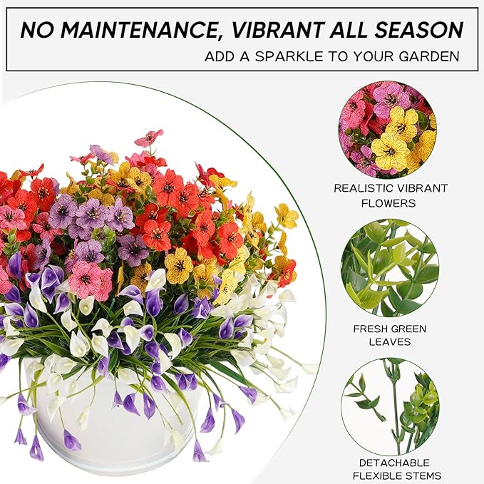 12 Bundles Artificial Flowers for Outdoor,UV Resistan Calla Lily&Daisy Fake Flowers,Realistic Plastic Faux Plants for Spring Decor,Porch,Patio,Garden,Window Box (Mixed)