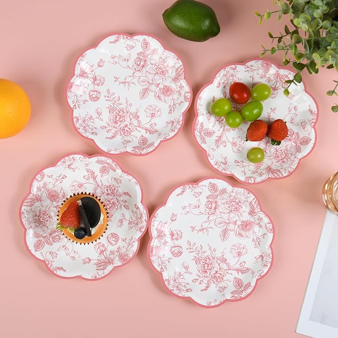 Pink Floral Party Plates Vintage Floral Leaf Disposable Paper Plates Wildflower Pink Toile 7" Scalloped Rim Dessert Plates for Valentines Birthday Bridal Tea Party Supplies (24)