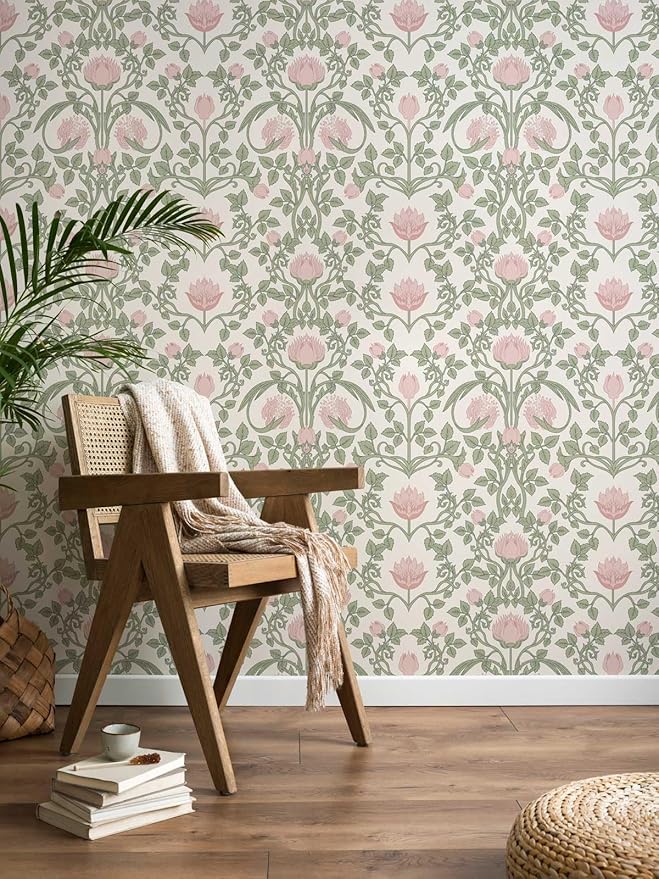 Floral Wallpaper Peel and Stick - 393.7" × 17.3" Pink and Green Wallpaper for Bedroom Decorative Self Adhesive Shelf Drawer Liner