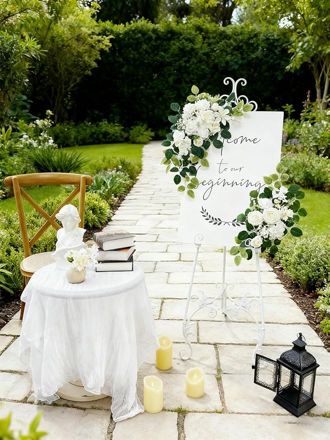 Pack of 2 Wedding Arch, Artificial Flowers, Wedding Decor，Flower Garland Be Suited to Banquet, Party, Reception Entrance Welcome Sign and Background Decoration (White)