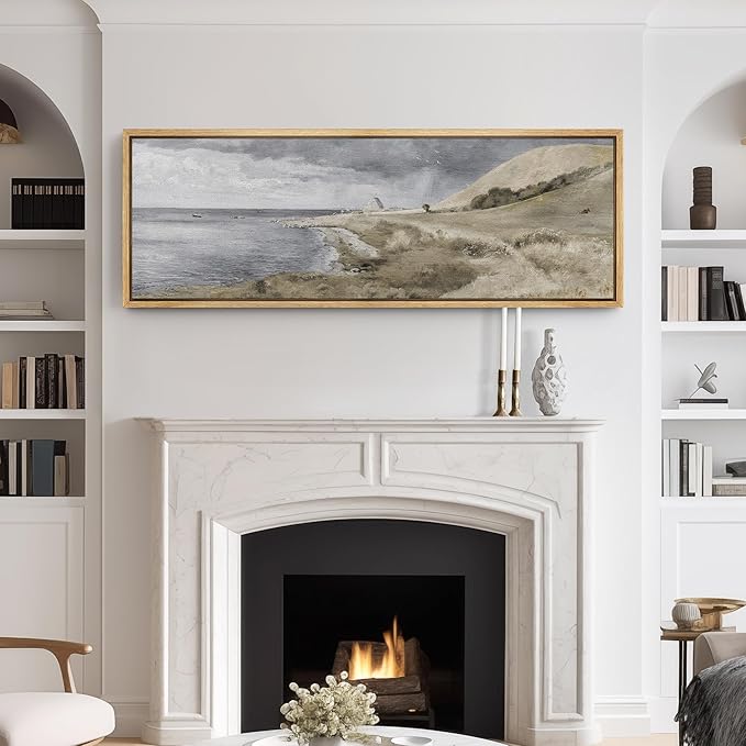 SIGNFORD Large Framed Canvas Print Wall Art Coastal Dunes Landscape Serene Seaside Illustrations Modern Art Relax/Calm Warm for Living Room, Bedroom, Office - 60"x20"