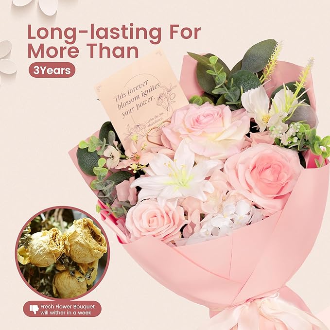 TINGE TIME Aritifical Flowers Bouquet, Pink Roses Gift Bouquet, Birthday Gifts for Women, Eternal Roses Bouquet for Grandma Wife Anniversary (PeachPink&White)