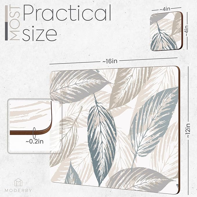 Set of 4 Heat Resistant Cork Placemats for Dining Table with Free Set of 4 Matching Drink Coasters Marble Design 16 x 12 Inches Cork Backed Hard Placemats (Farmhouse Rustic Leaves)