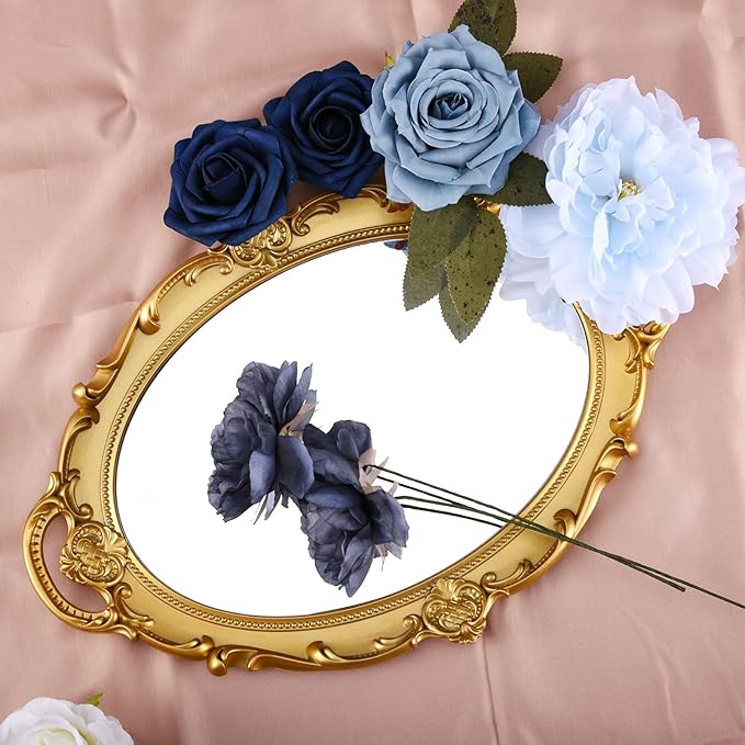 Jspupifip Dusty Blue Artificial Flowers Combo Box Set,Fake Silk Flowers Arrangement Bouquets with Stem Leaf for DIY Wedding Flower Centerpiece Wedding Centerpieces, Blue and White