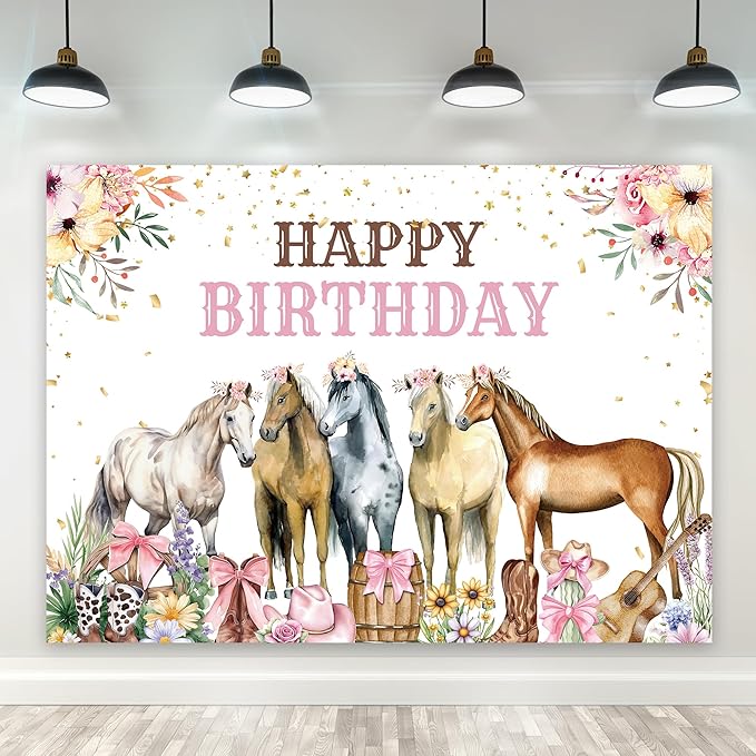 Riyidecor Horse Happy Birthday Backdrop Cowgirl Western Florals Flowers 7Wx5H Feet Polyester Fabric Bow Photography Background for Girls Women Princess Children Table Decor Banner Studio Photo Shoot
