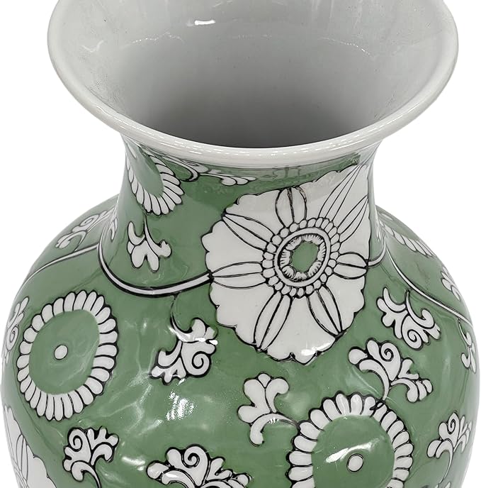 Galt International 14” Hand Painted Chinoiserie Ceramic Vase – Antique Style Porcelain Flower Bottle by Galt International, Fishtail Chinese Vase for Home Decor & Centerpiece - Green & White