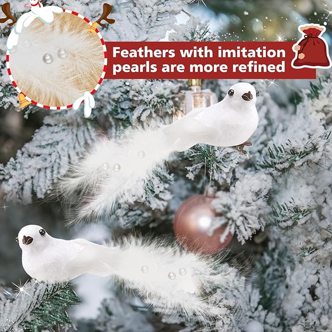 12 Pcs Artificial Christmas Dove Birds with Clip, White Feather Xmas Tree Ornaments Wreath Flower Arrangement Supplies for Party Wedding Decor DIY Craft Gifts