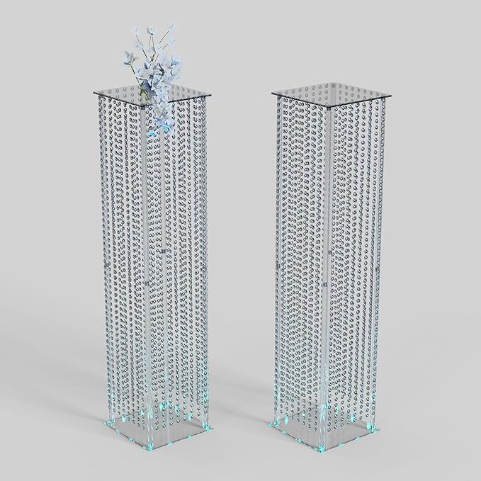 2-Pack 48" Clear Acrylic Wedding Pillars with Remote LED Lights, Crystal Bead Flower Pedestal Stands for Elegant Wedding Ceremony, Party, Holiday Events & Seasonal Decorations