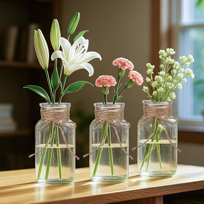 Vintage Glass Flower Vase Set of 8 Clear Vases with Hemp Rope for Farmhouse Wedding Centerpiece Cylinder Bottle for Reception Table Decoration Home Decor Floral Arrangements（Medium）