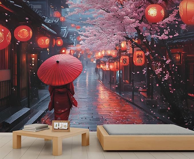 Japanese Street Wall Mural, Cherry Blossom Lantern Scene 3D Wall Murals, Romantic Rainy Evening Japan Wallpaper Mural, for Living Room Bedroom Large Wallpaper Indoor Decor 98.4" W x68.9 H
