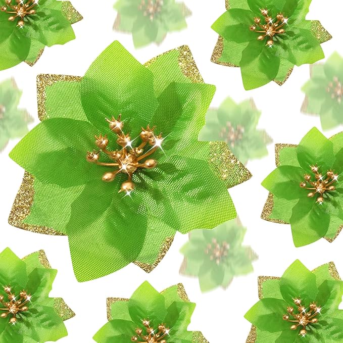WILLBOND 24 Pcs 3 Size Poinsettia Flower Artificial Christmas Decor Glitter Poinsettia Christmas Ornaments Faux Flowers for Xmas Tree Outdoor(3.2/4/6 Inches,Green)