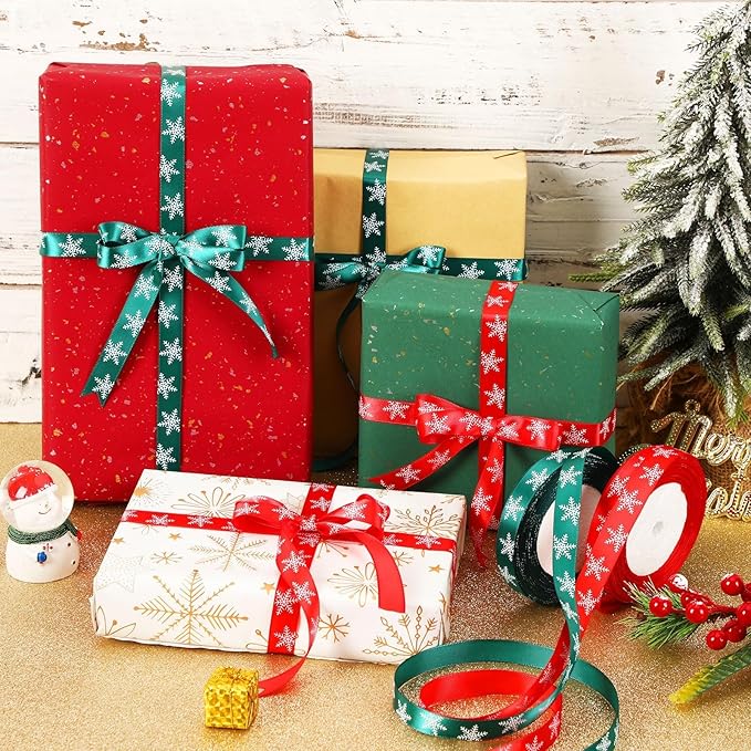 DECYOOL Christmas Ribbons, 4 Rolls 100 Yards Christmas Snowflake Ribbons for Gift Wrapping, 10mm and 15mm Wide Red and Green Satin Ribbon for Crafts, Fabric Christmas Wrapping Ribbon for Holiday