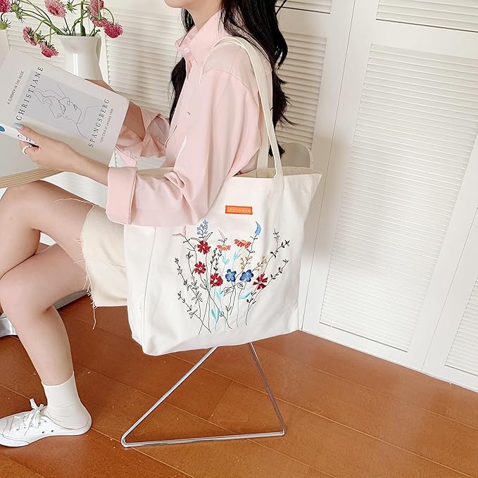 Cotton Canvas Tote Bag Reusable Soft Grocery Cloth Bag Floral Shoulder Bag for Beach Travel Shopping