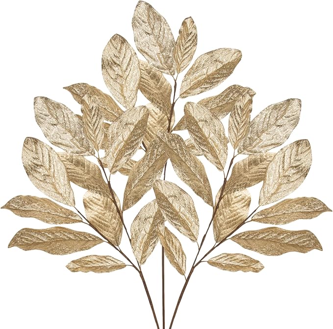 Champagne Christmas Glitter Magnolia Leaves Spray, 31inch Christmas Tree Picks and Sprays, Artificial Glitter Stem Ornaments for Christmas Tree Garland Wreath Centerpiece, 3PCS