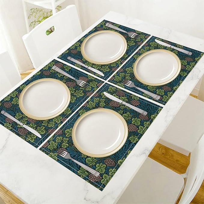 William Morris Vintage Botanical Placemats Set of 4, Retro Grapes Vines Flower Boho Plant Place Mats, Heat Resistant Non Slip Cotton Linen Dining Table Mats for Home Kitchen Party 18x12 Inch