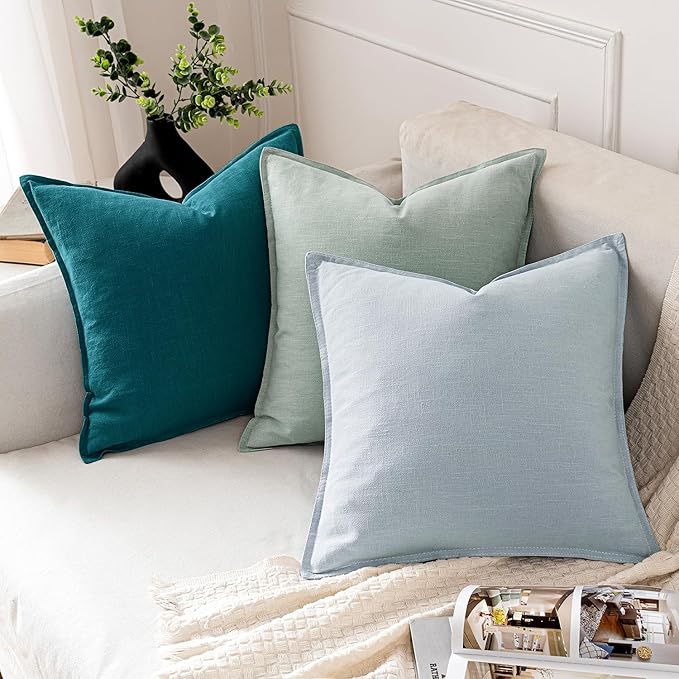MIULEE Decorative Linen Pillow Covers 18x18 Inch Teal Blue Boho Farmhouse Neutral Couch Throw Pillows for Bed Pack of 2 Accent Coastal Modern Pillowcase Summer Sofa Livingroom Home Decor