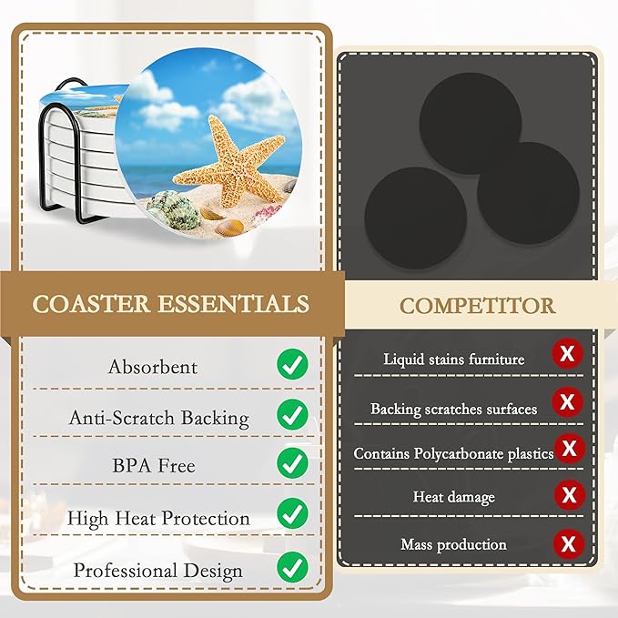 Drink Coasters with Holder,6 Pcs Beach Seaside Design, Water-Absorbent Beverage Pads for Dining Table Decor & Glass Protection