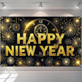 Happy New Year 2026 Banner 71x43 Inch Gold Clock Fireworks Party Backdrop Countdown Celebration Wall Decoration Holiday Photo Background for Indoor New Year Event Display