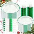 SUT 350 Pcs Green and Clear Plastic Dinnerware Set for 50 Guests, Include: 50 Dinner Plates, 50 Dessert Plates, 50 Pre Rolled Napkins With Silverware, 50 Cups, Disposable Plates for Party, Christmas