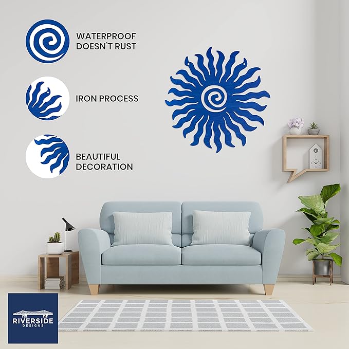 Riverside Designs Sunburst Metal Wall Art Steel Outdoor Decor - Heavy-Duty and Waterproof - Made in USA (30", Blue)