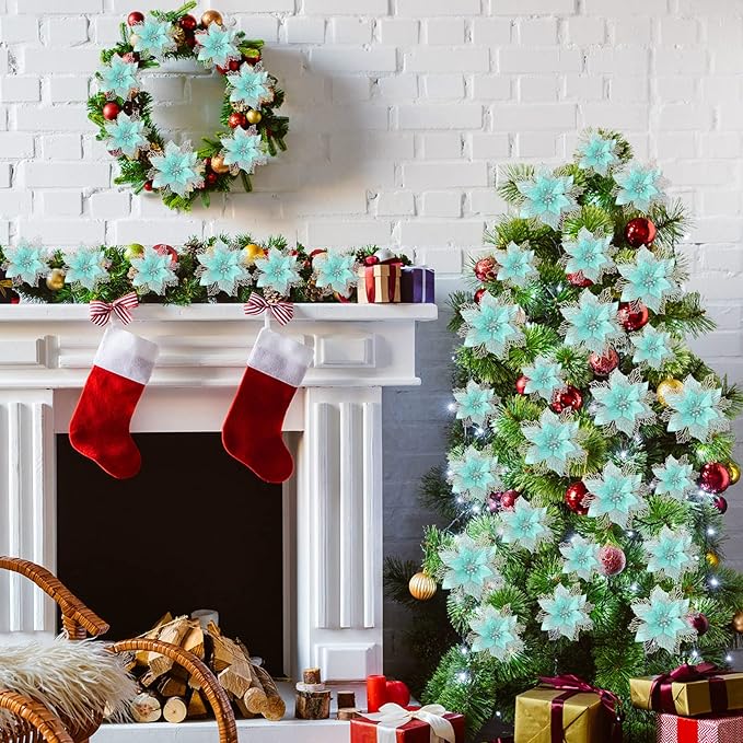 Geosar 24 Pieces Christmas Glitter Poinsettia Flowers Layered Artificial Xmas Flowers Wedding Christmas Tree New Year Ornaments 3/4/6 Inch(Light Green)