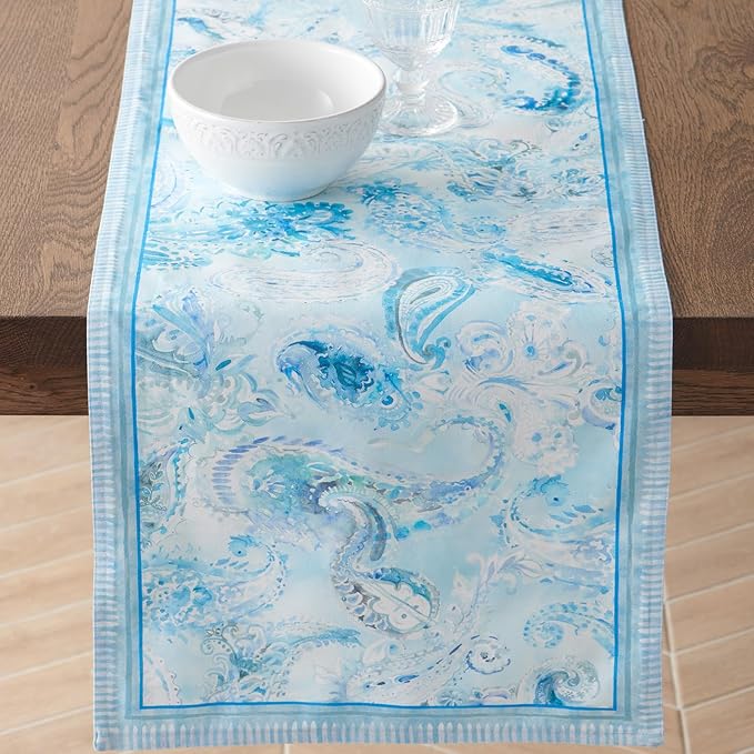 Maison d' Hermine Table Runners 100% Combed Cotton 14.50 Inch x 72 Inch Premium Tablerunner, Decorative Table Runner, Buffet Parties & Camping, Paisley Blues (Double Layer)