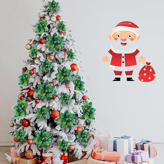 Geosar 36 Pcs Christmas Glitter Artificial Poinsettia Flowers Xmas Poinsettia Artificial Wedding Flowers Decorations Xmas Tree Ornaments with Clips for Party, 6 Inch, 4 Inch, 3 Inch(Grass Green)
