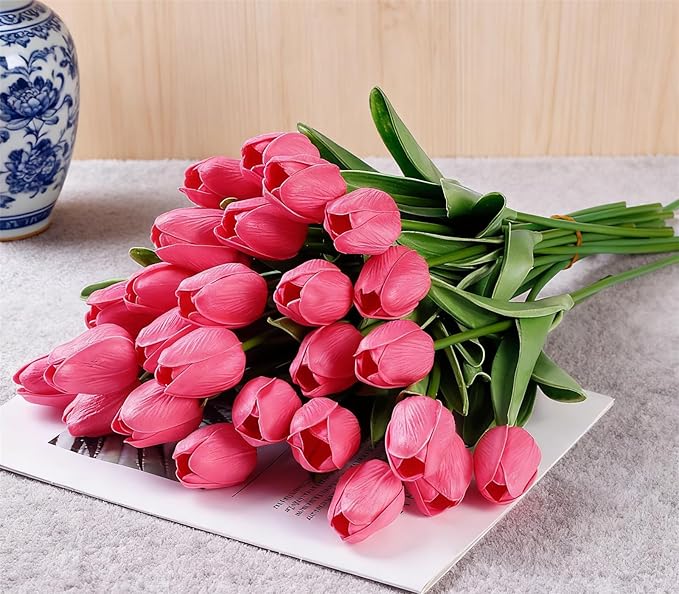 Pink Faux Tulips (20 Pcs) - Premium PU Artificial Flowers for Christmas & Thanksgiving Table Setting, Winter DIY Home Decor - 13.5" Real Touch