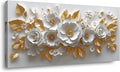 IDAFU Flower Wall Art White Foral and Golden Leaves Wall-décor White Wall Art Floral Painting Pictures for Living Room Bathroom Bedroom Kitchen Office Cuadros Decorativos Para Sala Decor 40L x 20W