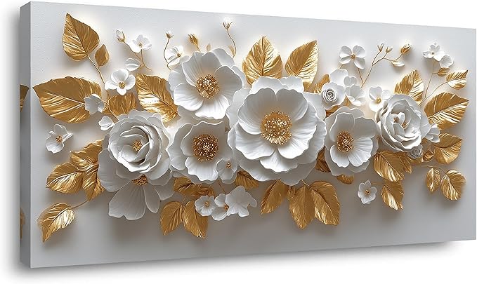 IDAFU Flower Wall Art White Foral and Golden Leaves Wall-décor White Wall Art Floral Painting Pictures for Living Room Bathroom Bedroom Kitchen Office Cuadros Decorativos Para Sala Decor 46L x 23W
