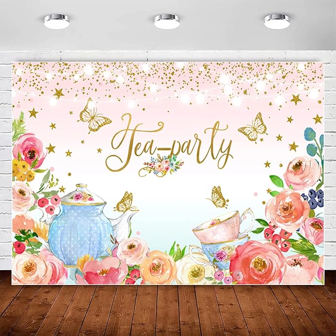 Pink Floral Tea Party Backdrop Glitter Gold Dots Butterfly Lets Partea Photography Background for Women Birthday Bridal Baby Shower Decorations Girls Wonderland Party Banner Photo Booth Supplies 5x3ft