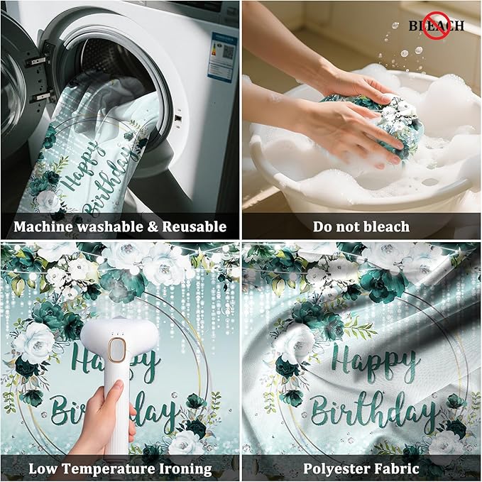 Renaiss 8x6ft Floral Happy Birthday Backdrop for Woman Fabric Green White Flowers Blooming Flower Photography Background Shinning Diamond Photo Backdrops for Birthday Party Supply
