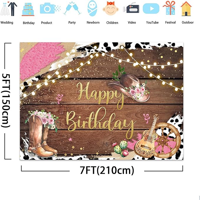 SVBright Western Cowgirl Birthday Backdrop 7Wx5H Cute Cow Print Country Wild West Rustic Wooden Boho Flower Retro Boots Hat Farmhouse Decorations Photography Background Banner Photo Booth Studio