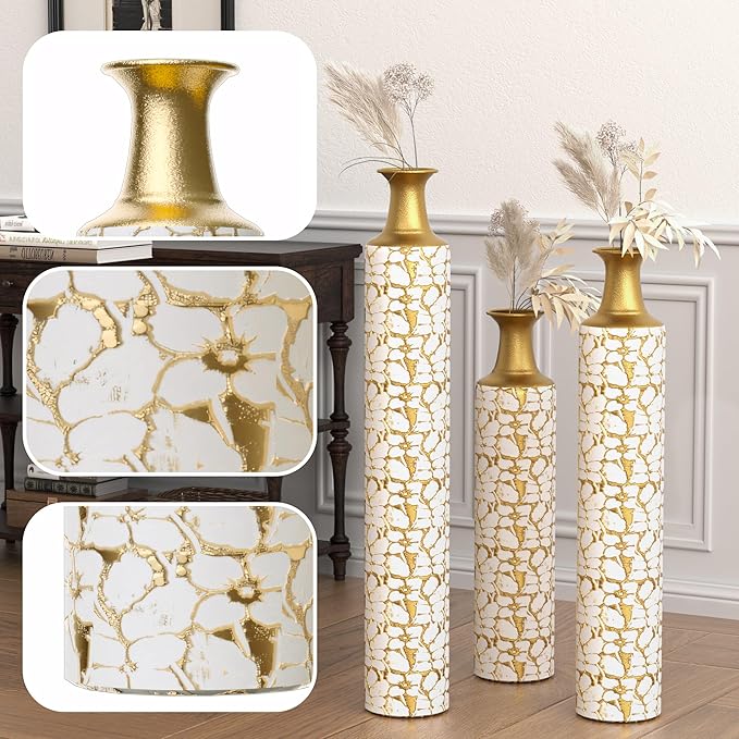 Tall Floor Vase Set of 3 - Oversized Modern Vintage Metal Vases for Living Room Decor, Gold Decorative Large Vases for Corner and Hallway