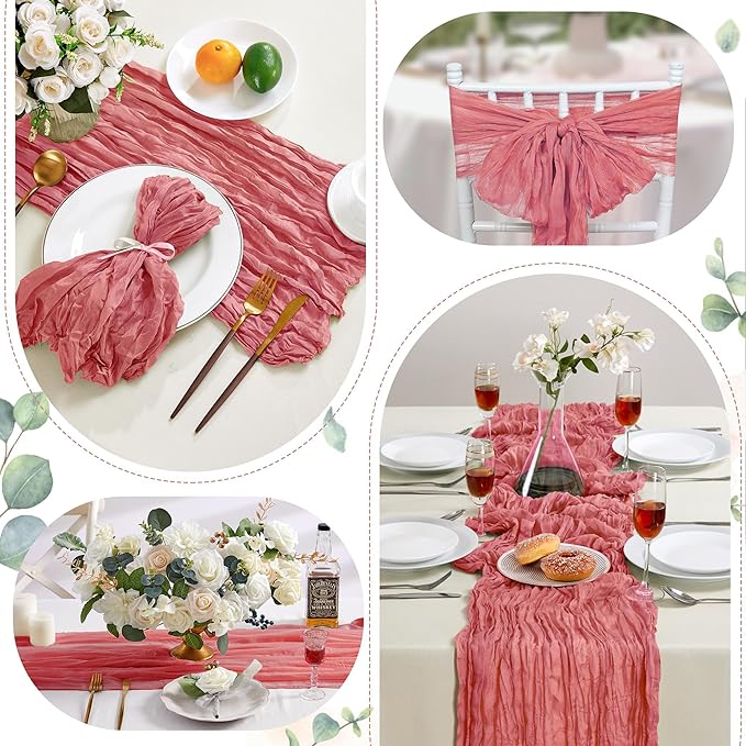 6 Pack Rose Cheesecloth Table Runner 10FT Long Boho Gauze Table Runner Rustic Sheer Runner for Wedding Bridal Baby Shower Birthday Party Table Decor Thanksgiving Christmas Decorations