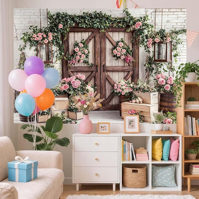 15x10ft Country Wedding Photography Backdrop Floral Rustic Roses Farmhouse Wooden Door Backdrop Pink Flower Birthday Baby Shower Wedding Bridal Party Banner Photo Booth Props Anniversary Background