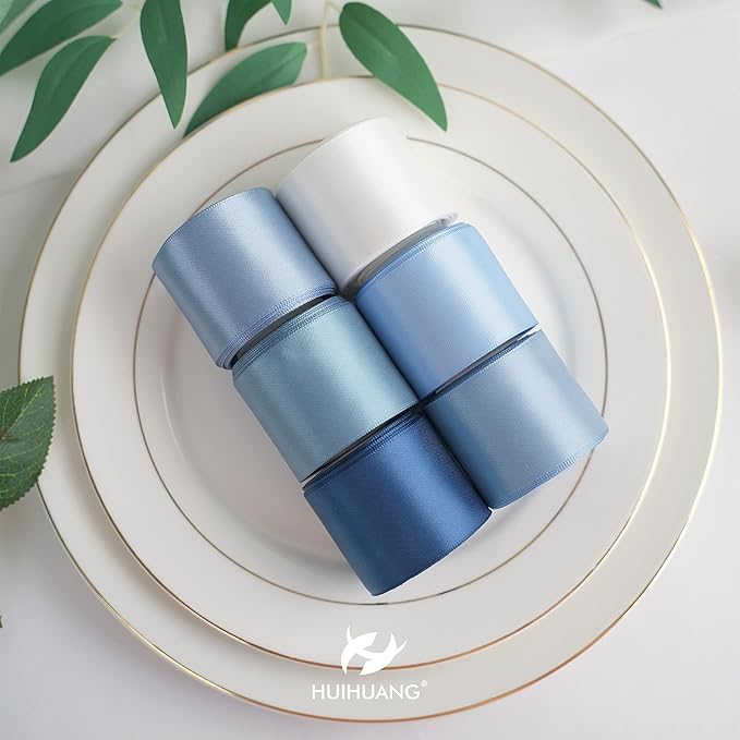 HUIHUANG Blue Ribbon 1-1/2" Dusty Blue/French Blue/Antique Blue/Navy/Light Blue and White Satin Ribbons for Wedding Flower Bouquet Hair Bows Gift Wrapping Crafts- 6 Rolls, Total 30 Yards