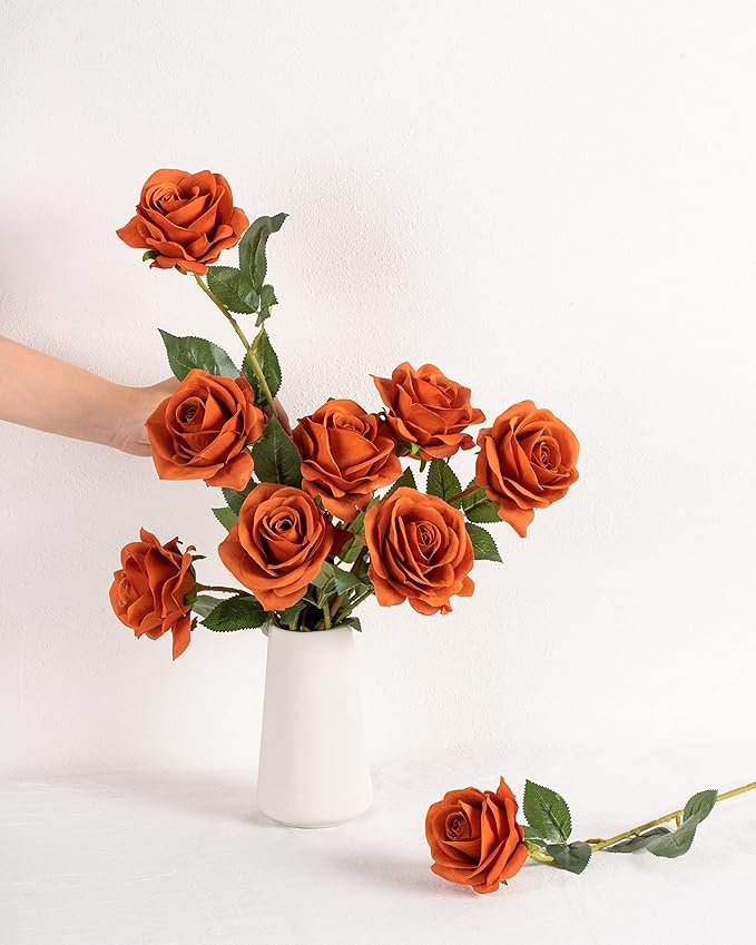 DuHouse 10pcs Silk Roses Artificial Flowers Fake Rose for Arrangement Wedding Party Home Decoration (Burnt Orange)