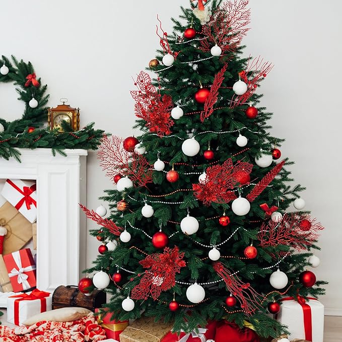30 Pcs Artificial Christmas Tree Picks and Sprays Glitter Berry Stem Branches Holly Floral Picks Twigs Christmas Tree Ornaments for DIY Xmas Wreath Vase Filler Decorations(Red)