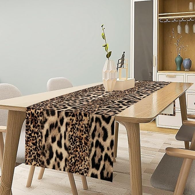 Animal Skin Print Table Runner, Vintage Farmhouse Cottage Country Western Wildlife Safari Leopard Dinner Runner for Home Kitchen Dining Table Party Holiday 13x70in