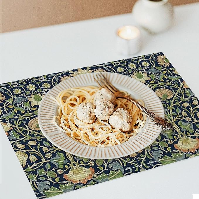 William Morris Flower Placemats Set of 6, Vintage Botanical Plant Place Mats, Heat Resistant Non Slip Cotton Linen Dining Table Mats for Home Kitchen Party 18x12 Inch
