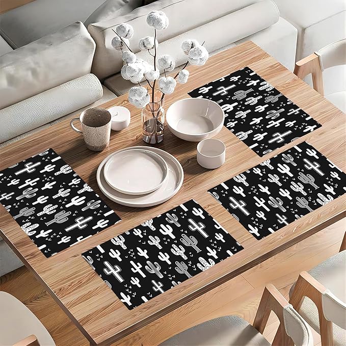 Retro Cactus Placemats Set of 4,Black and White Placemats Dining Table Mat Set,12x18 Washable Stain Resistant Wipeable Cloth Placemat for Kitchen Buffet Parties