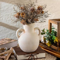 Rustic Ceramic Farmhouse Flower Vase with 2 Handles, Whitewashed Terra Cotta Vase, Decorative Pottery Flower for Home Decor, Table, Living Room, Shelf Decor, 7.3 Inch, White