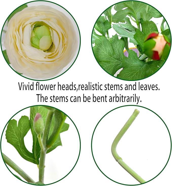 ATFL Ivory Ranunculus Artificial Flowers,6 Pcs Artificial Faux Silk Ranunculus Flowers with Real Touch Stems,Fake Peony Flowers for Floral Arrangements DIY Wedding Bouquet Party Table Home Decor