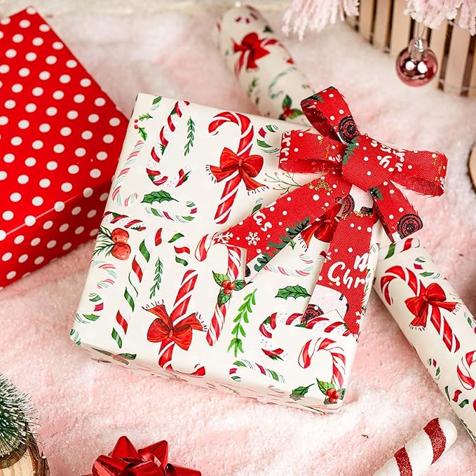 MAYPLUSS Christmas Wrapping Paper Roll - 17 Inch X 33 Feet - Cute Bow Candy Cane Christmas Holly Reversible Polka Dot Gift Wrapping Paper, Thick Wrap Paper for Holiday Party New Year Kids