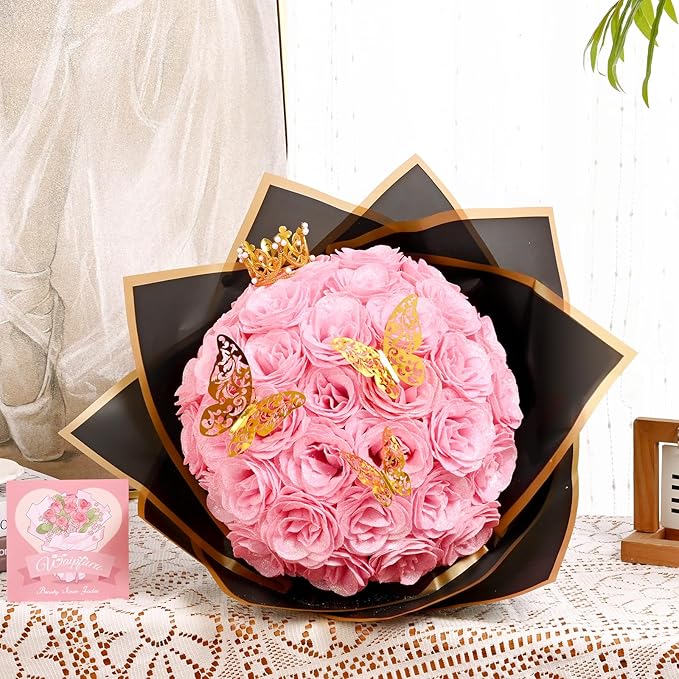 Waipfaru 36 Pcs Glitter Roses Bouquet, DIY Fake Flowers Bouquet, Artificial Pink Rose Bouquet for Valentines, Mothers Day Gifts, Anniversary, Engagement, Wedding