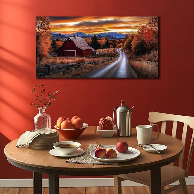 JuhaiArt Fall Wall Decor Red Barn Landscape Wall Art Natural Picture Sunset Scenery Canvas Decor for Living Room Bedroom Rustic Poster 24" x 48"
