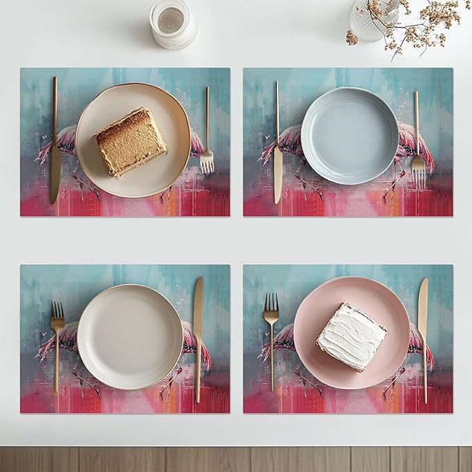 Pink Flamingo Placemats Set of 4 Washable Table Mats Modern Tropical Heat-Resistant Cotton Linen Place Mats for Dining Table Kitchen Indoor Outdoor Party Holiday Decor