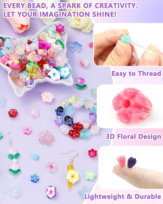 FIVEIZERO 100PCS Resin Flower Beads, 13 Colors Hawaiian Crown Floral Bead Charms for Bracelets, Necklaces & DIY Jewelry Making Crafts
