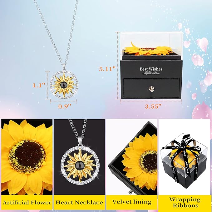 Sunflower Gifts for Women Artificial Sunflowers Gift for Her Mom Wife with Necklace in 100 Texts I Love You on Mother's Day Birthday Sunflower Decor